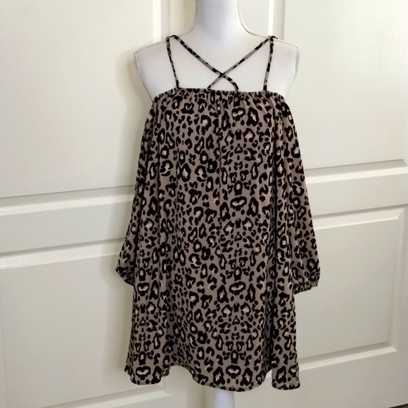 entro women's small leopard print criss cross off shoulder dress long sleeve - Picture 1 of 9